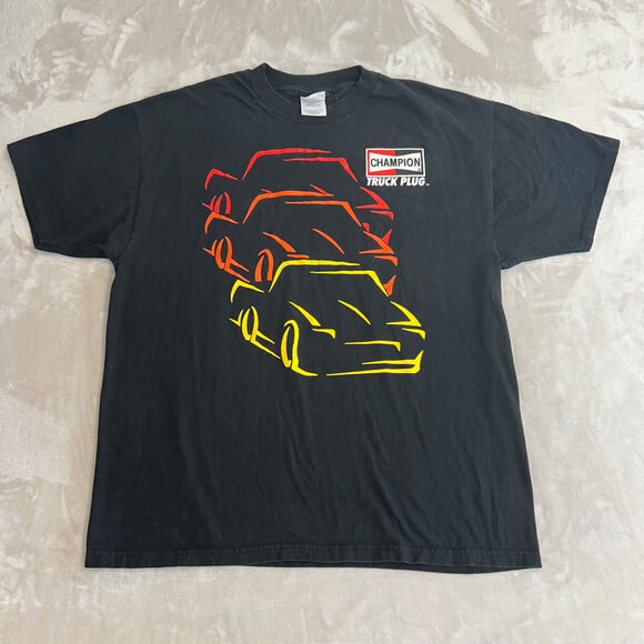 VTG Champion Truck Spark Plug Shirt Mens XL Black Auto Mechanic Car Hot Rod Logo - Picture 1 of 12
